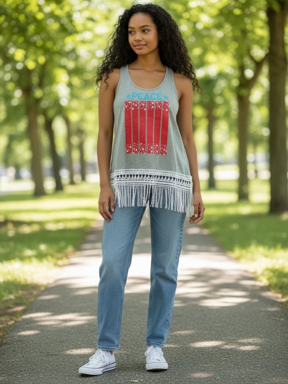 Celebrate Patriotic tank top, size M (7-9), lace fringe, excellent condition